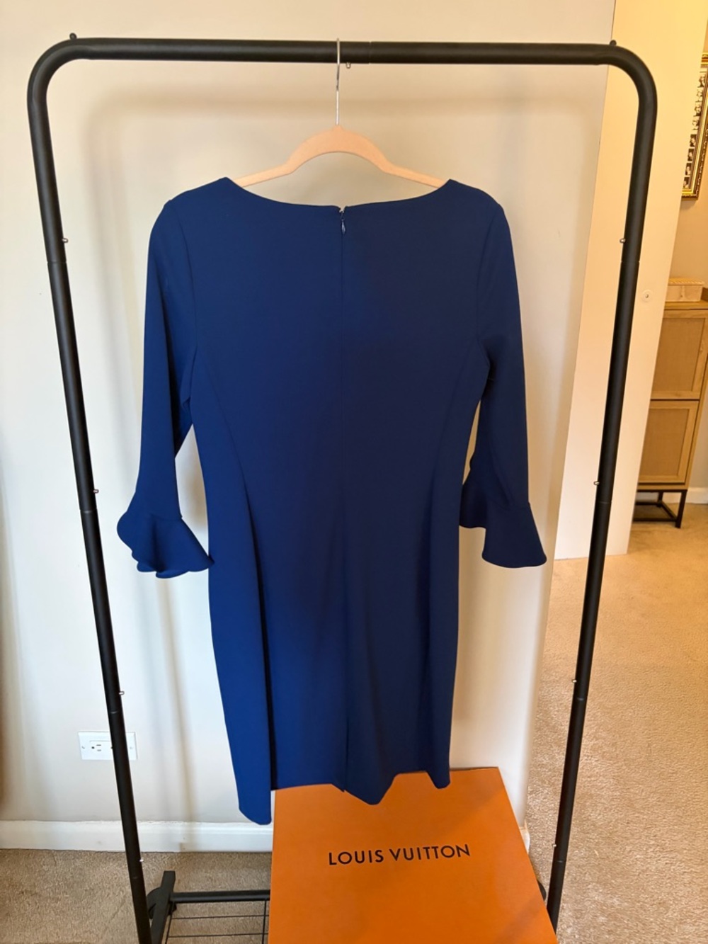 Karl Lagerfeld Navy Blue Long Sleeve Sheath Dress with Ruffle Cuffs - Picture 3 of 3